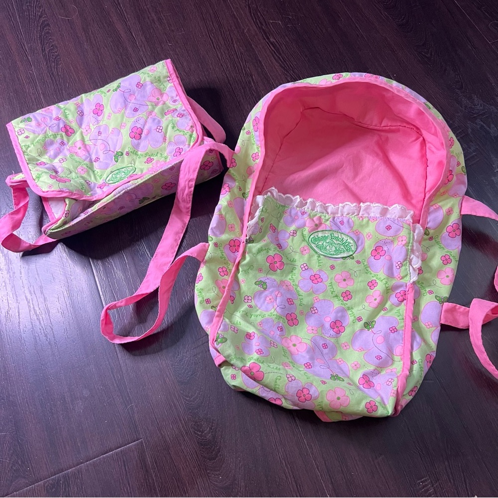 Vintage Cabbage Patch Green & Pink Floral Doll Carrier & Bag - Kids Accessories